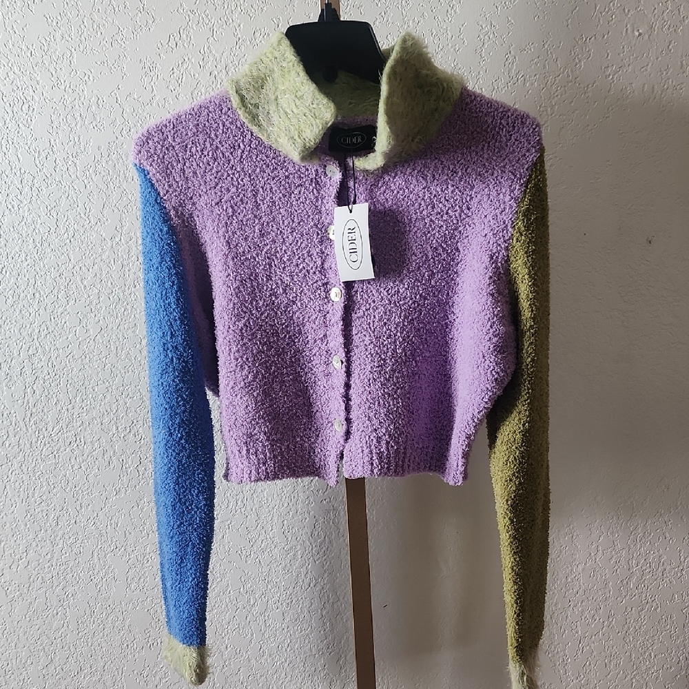 Cider Lavender Bouclé Cardigan with Blue & Olive Sleeves